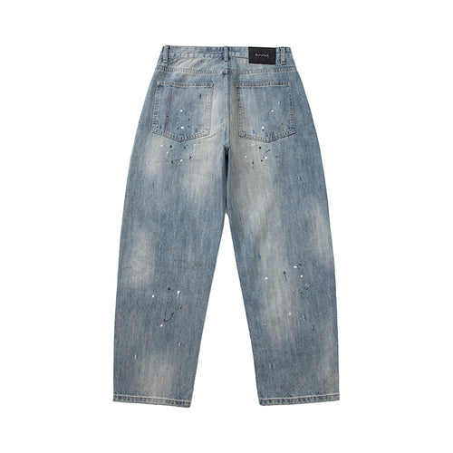 Damen Baggy-Jeans mit hoher Taille, verkürztem Bein und Lackspritzern Drune