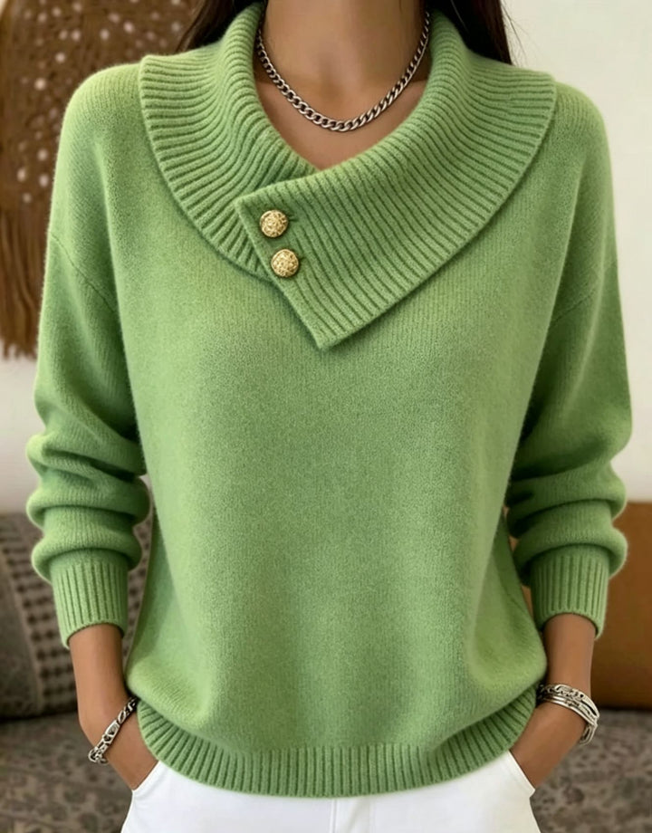 Damen Feinstrick-Pullover mit überlappendem Schalkragen und Zierknöpfen Drune