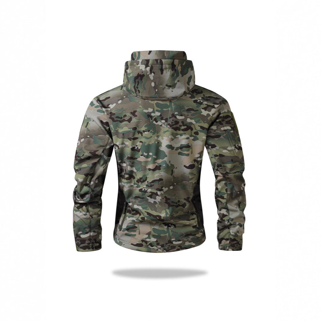 Herren Taktische Softshelljacke mit Kapuze, Camouflage‑Design und Multifachtaschen Drune