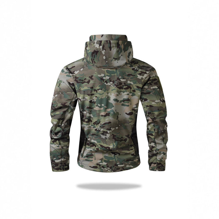 Herren Taktische Softshelljacke mit Kapuze, Camouflage‑Design und Multifachtaschen Drune