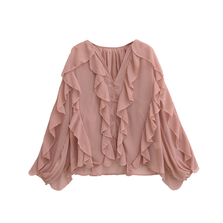 Damen Volant-Chiffonbluse mit Knopfleiste, gerafftem Ausschnitt und Ballonärmeln Drune