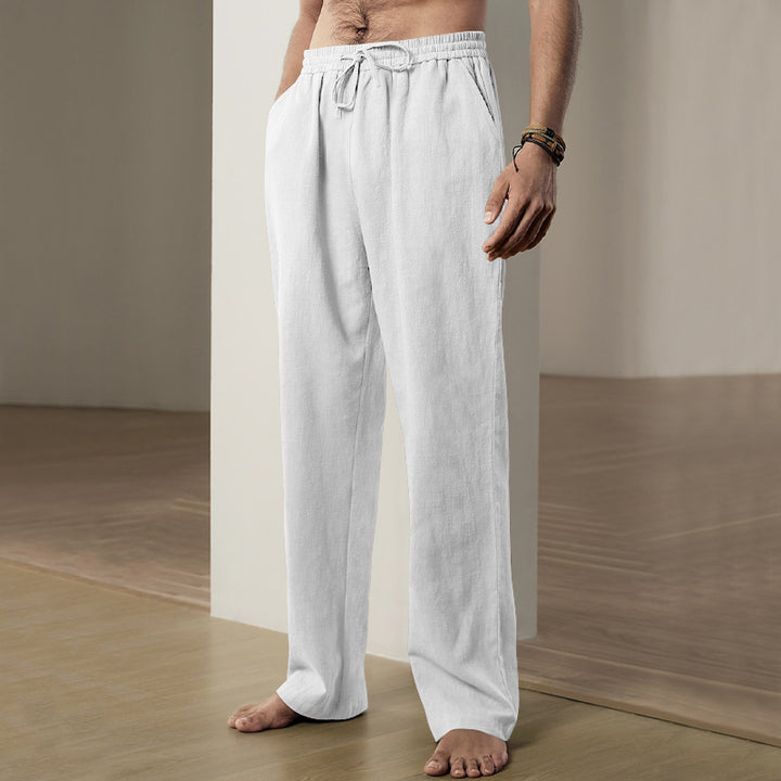 Herren nan weiche Leinen-Baumwoll Loungehose mit elastischem Tunnelzugbund, Seitentaschen und entspanntem geradem Bein Drune