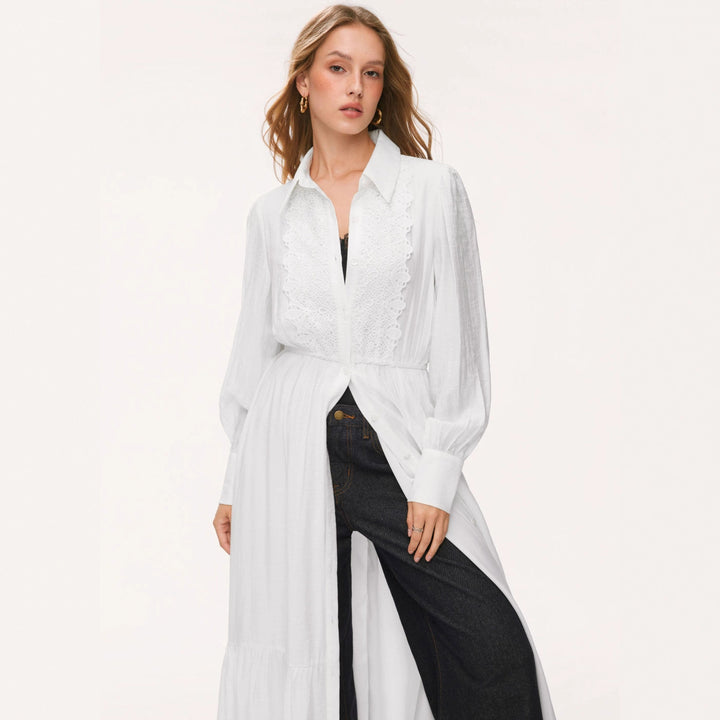 Damen Langes Hemdblusenkleid mit Spitzenbesatz, Taillierung und Stufenrock Drune