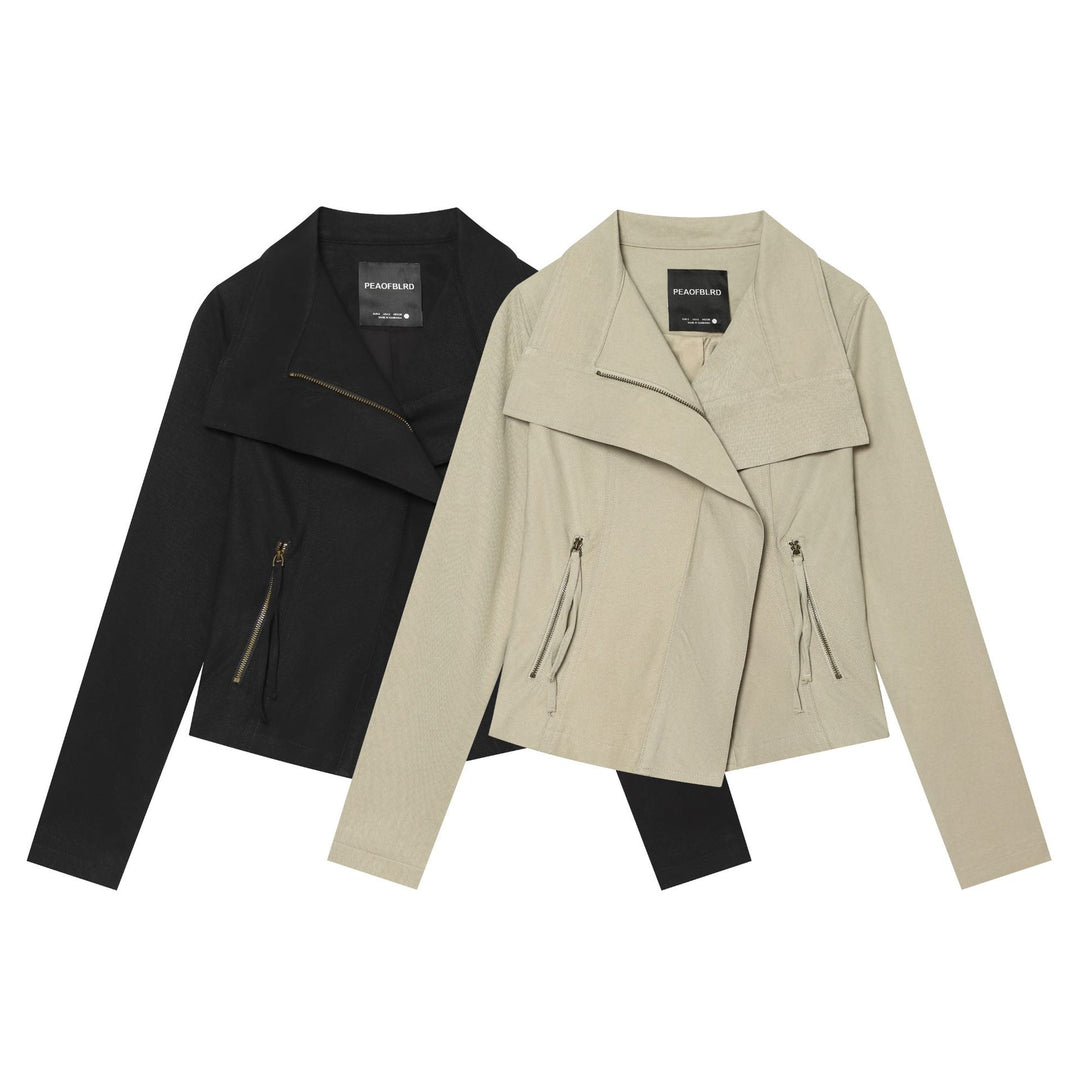 Damen nan asymmetrische Kurzjacke mit überlappendem Wasserfallkragen, verdecktem Reißverschluss und dekorativen Zipper-Taschen Drune