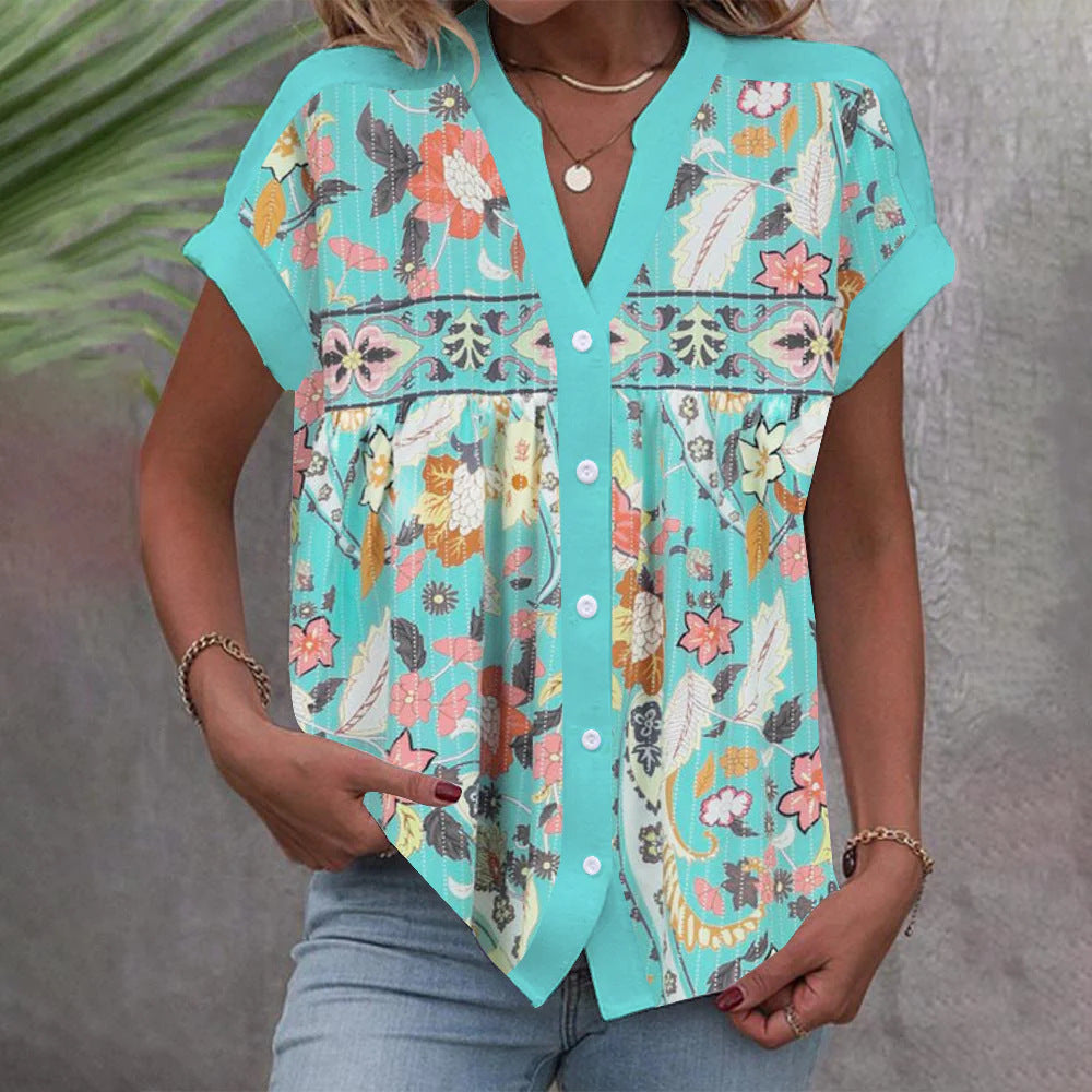 Damen Bluse mit floralem Design und Knopfleiste Drune
