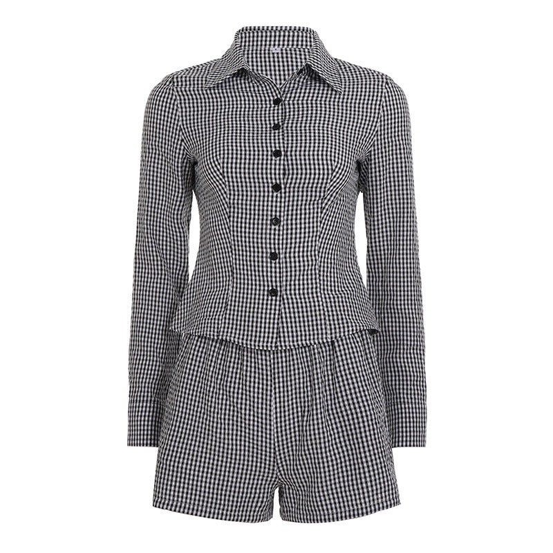 Damen nan zweiteiliges Vichy-Set aus taillierter Blusenjacke mit Wiener Nähten und Highwaist-Shorts Drune