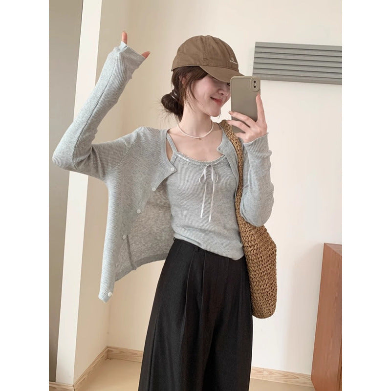 Damen lässige Strickjacke mit modischen Knopfdetails und verlängerten Ärmeln Drune