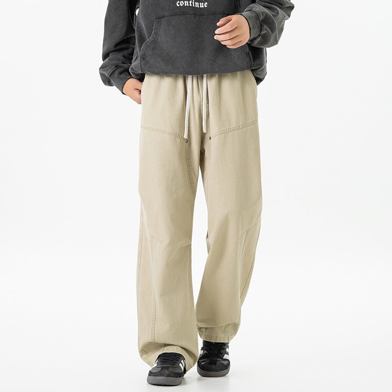 Herren weite Baggy-Cargohose aus gewaschenem Canvas mit Elastikbund und dekorativen Nahtpaneelen Drune