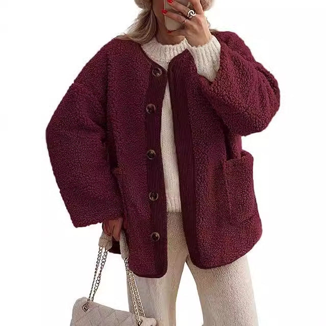 Damen kuschelige Teddyjacke mit farblich abgestimmtem Kragen Drune
