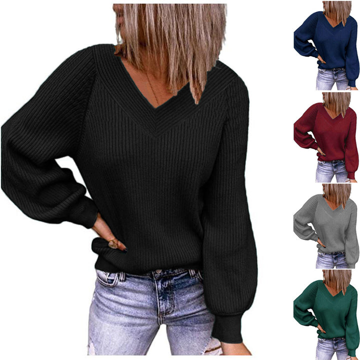 Damen Gerippter V‑Ausschnitt Pullover mit Ballonärmeln und lässiger Passform Drune