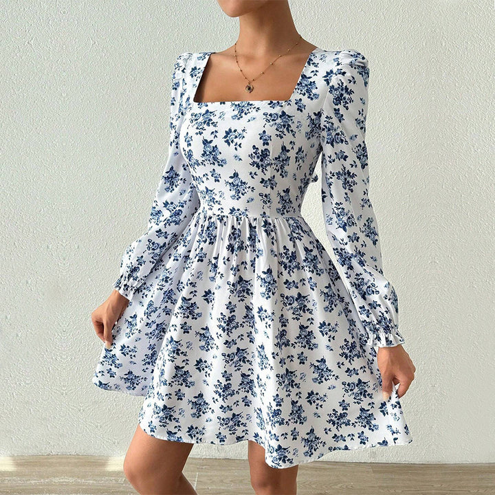 Damen florales Minikleid mit quadratischem Ausschnitt tailliertem Schößchen und langen Puffärmeln Drune