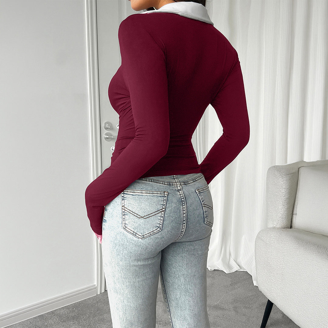Damen nan tailliertes Longsleeve mit kontrastpolokragen und tiefem V-Ausschnitt Drune
