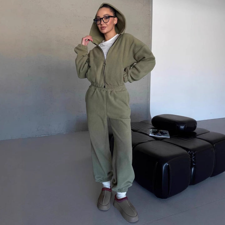 Damen kuscheliges Fleece-Hoodie und Jogginghose Lounge-Set mit Reißverschluss Kapuze elastischem Bund Drune