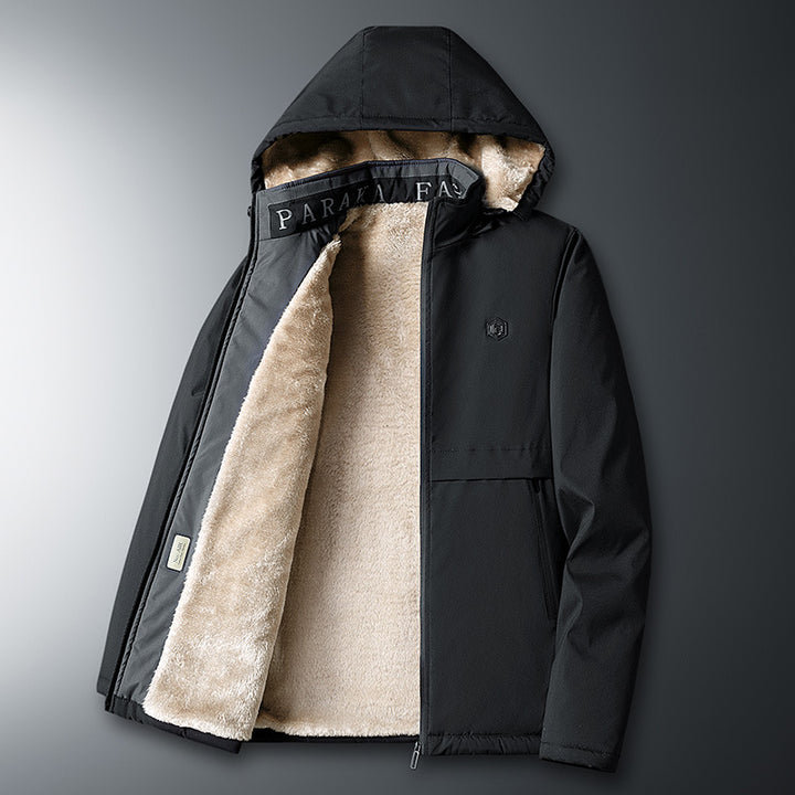 Herren Übergangsjacke mit Teddyfutter, winddichter Außenhülle und Kapuze Drune