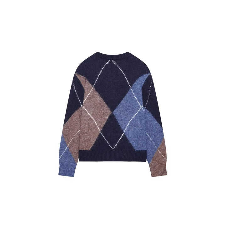 Damen nan grobgestrickter Argyle-Pullover mit Rundhalsausschnitt, überschnittener Schulter und breitem Rippenbund Drune