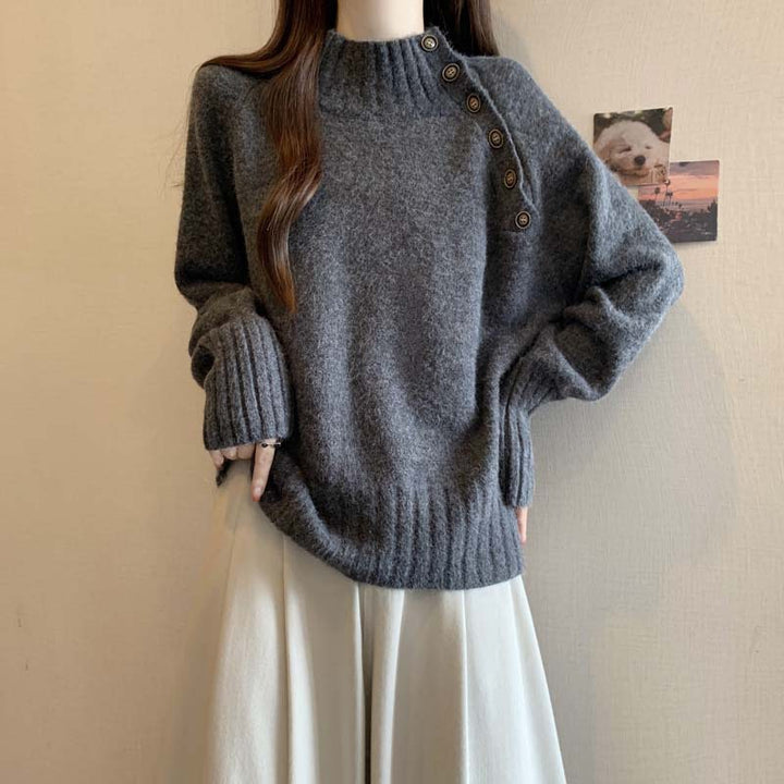 Damen eleganter Rollkragenpullover mit Knopfdekoration und strukturierter Textur Drune
