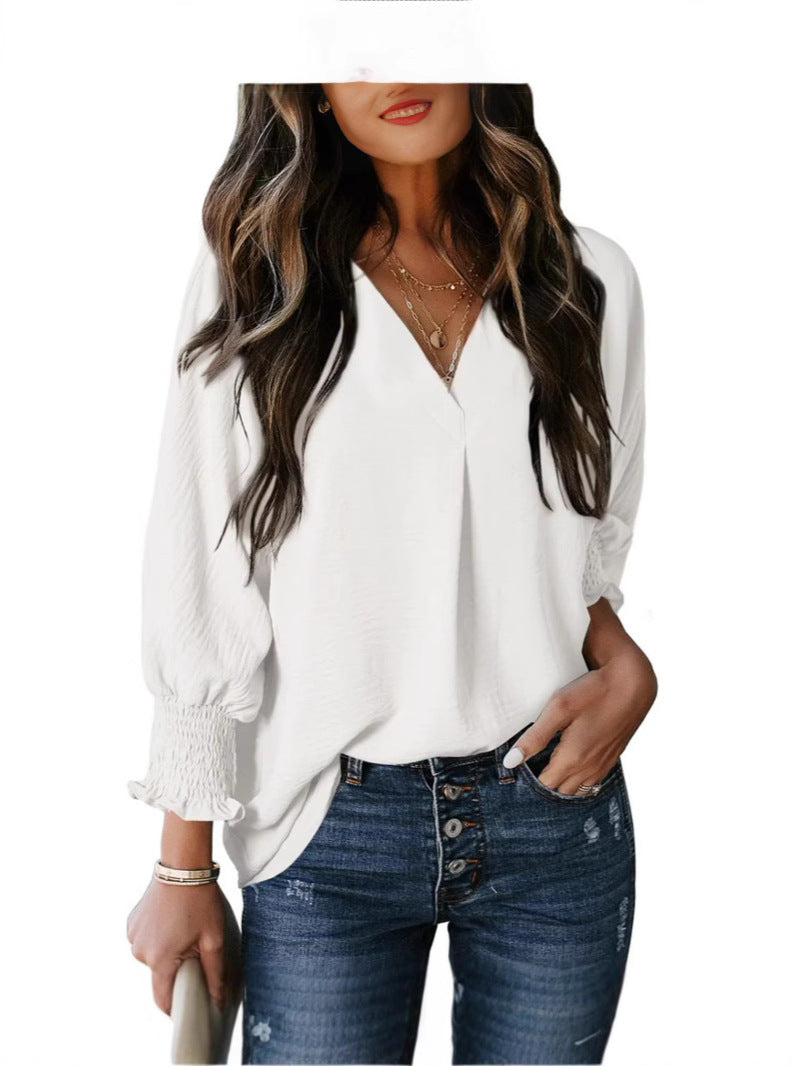 Damen V-Ausschnitt Bluse mit elastischen Ärmelbünden Drune