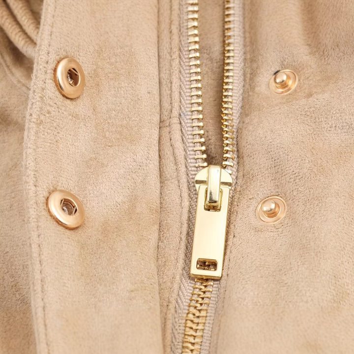 Damen Kurze Wildlederoptik-Jacke mit Stehkragen und Druckknopfleiste Drune