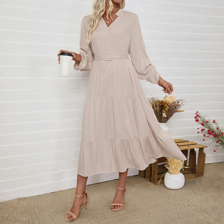 Damen Maxikleid mit V-Ausschnitt und tailliertem Gürtel Drune