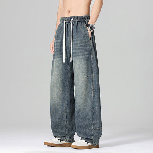 Herren Weitgeschnittene Denim-Hose mit hohem Bund und elastischem Bund