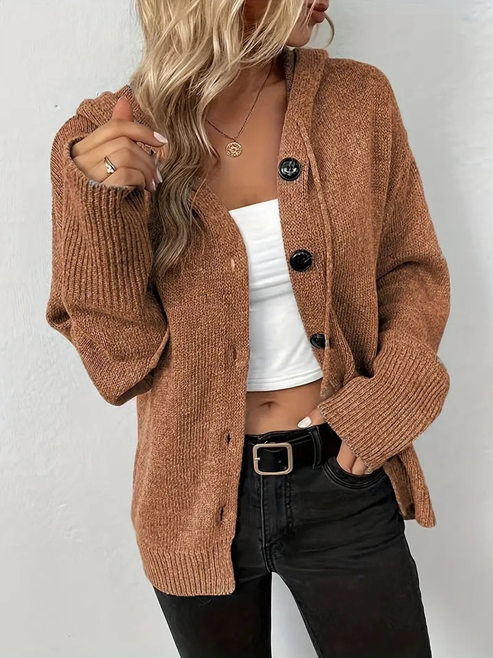 Damen Strickjacke mit Kapuze und Knopfverschluss Drune