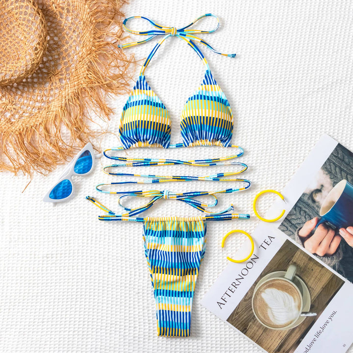 Damen Bandeau-Bikini mit modischen Streifen und anpassbaren Trägersystem Drune