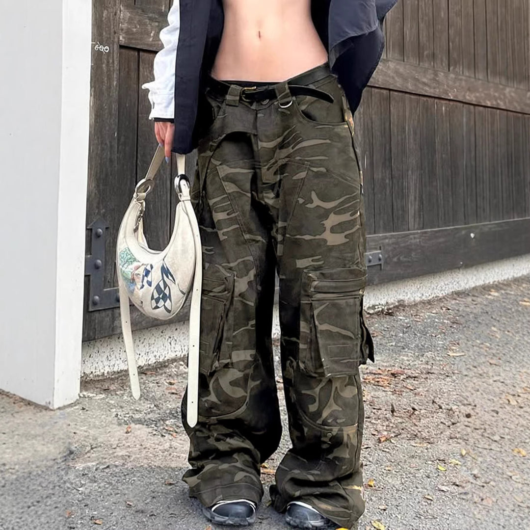 Damen High-Waist Oversized Cargo-Cordhose mit Multi-Pocket und D-Ring Drune