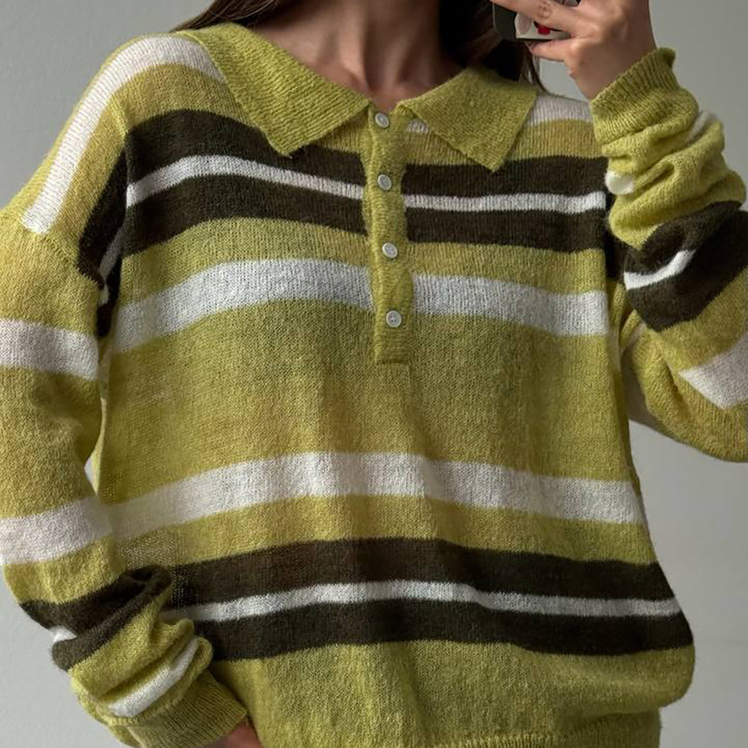 Damen Grob gestrickter Pullover mit Polo-Kragen und Blockstreifen Drune
