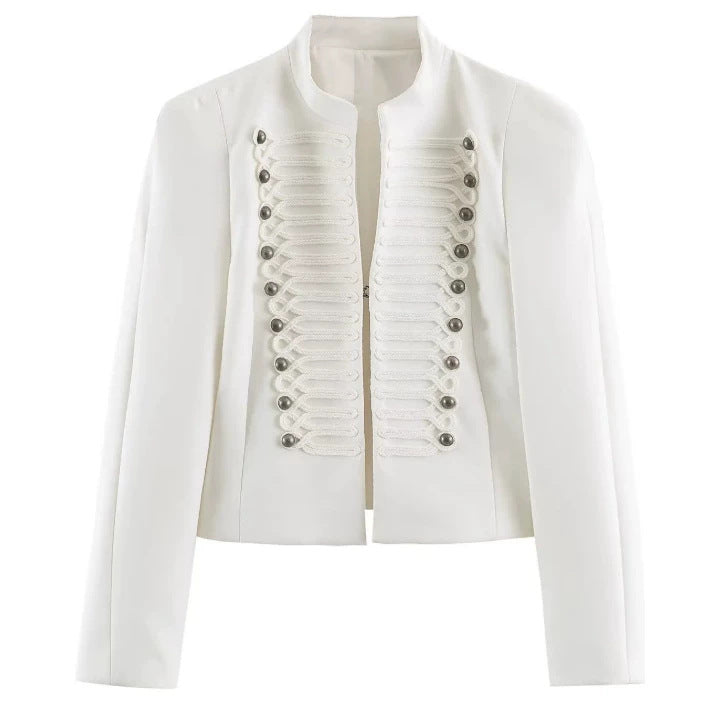 Damen Taillierter Cropped‑Blazer mit militärischer Galonverzierung und Stehkragen Drune