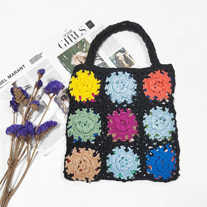Damen gehäkelte Handtasche mit buntem Blumenmuster Drune