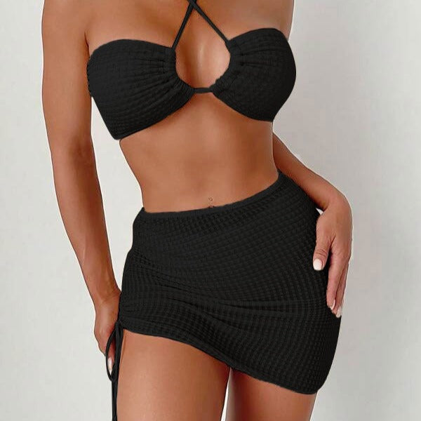 Damen Bandeau-Bikini mit verstellbaren Trägern und schnürbarem Rock Drune