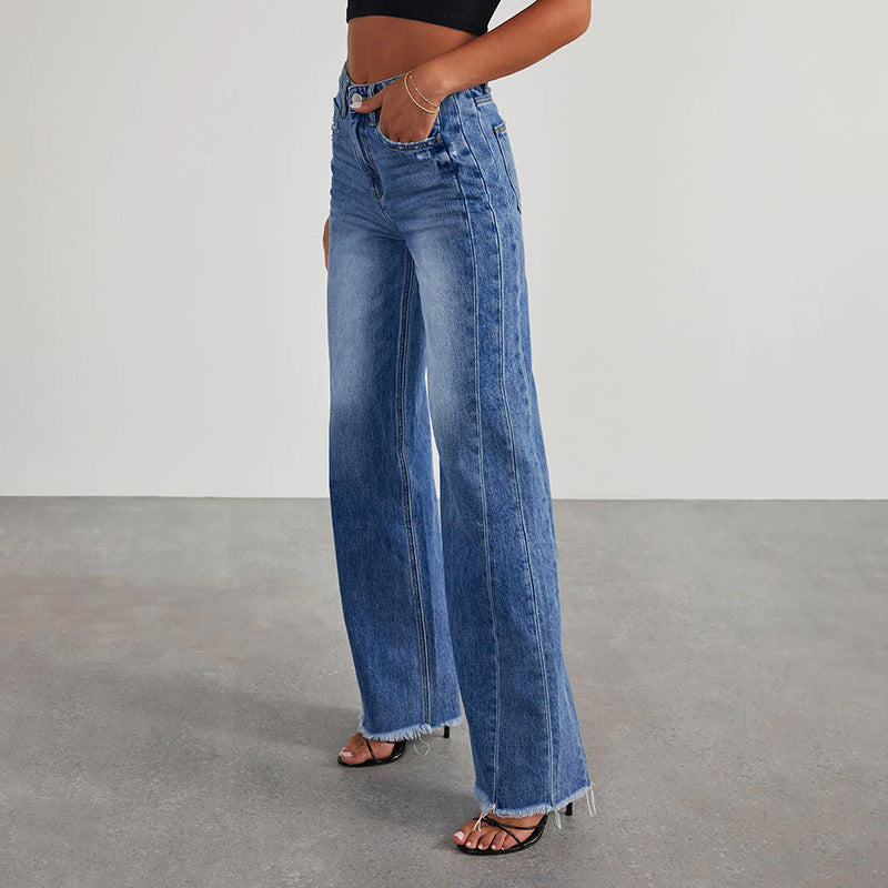 Damen High-Waist Schlagjeans mit weitem Bein und ausgefranstem Saum Drune