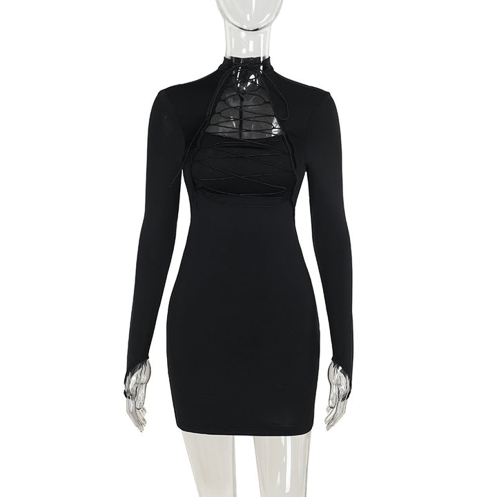Damen figurbetontes Langarmkleid mit asymmetrischem Rückenausschnitt und trendigen Schnürdetails Drune