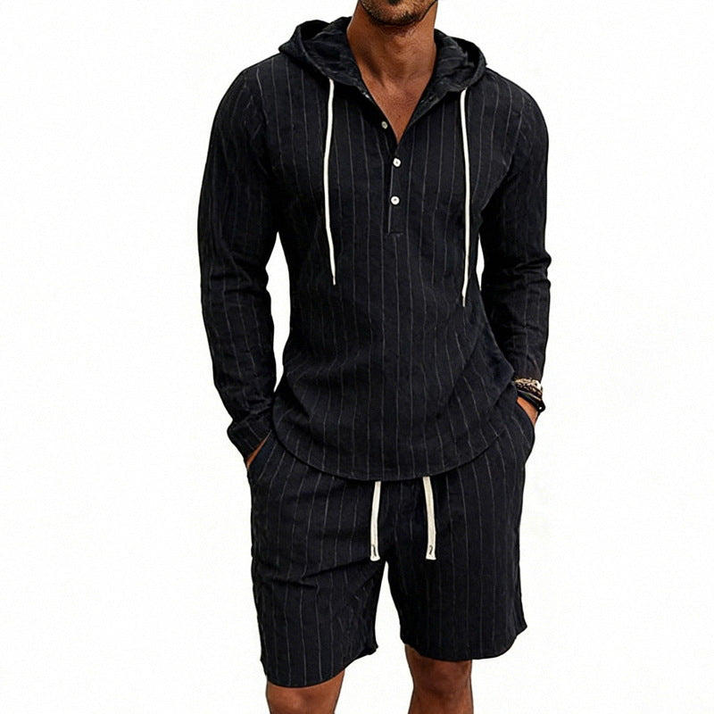 Herren nan gestreiftes Leinenoptik-Kapuzen-Henley-Set mit Tunnelzug-Shorts Drune