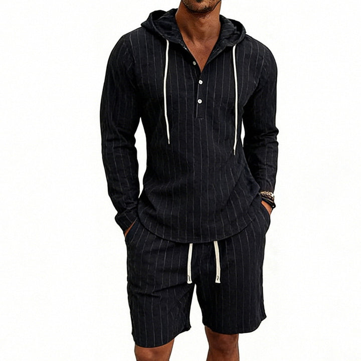 Herren nan gestreiftes Leinenoptik-Kapuzen-Henley-Set mit Tunnelzug-Shorts Drune