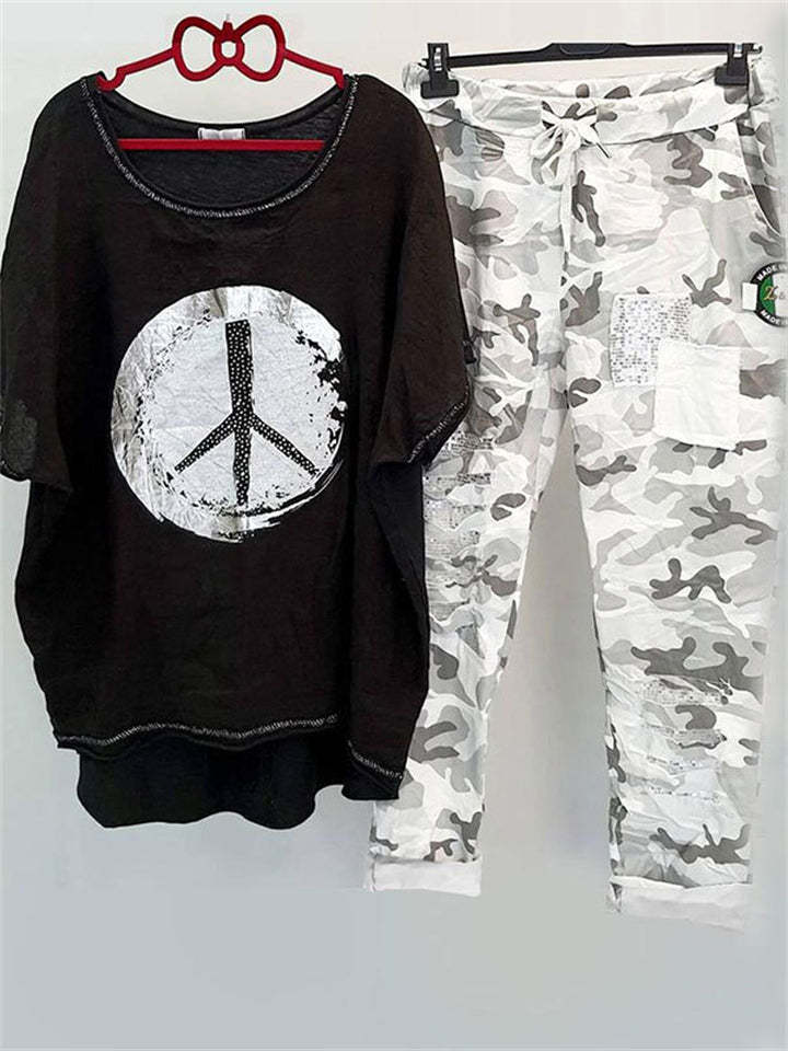 Damen nan lässiges Freizeit-Zweiteiler mit weit geschnittenem Leinenoptik-Shirt, Peace-Symbol und Camouflage-Jogpant mit Patchdetails Drune