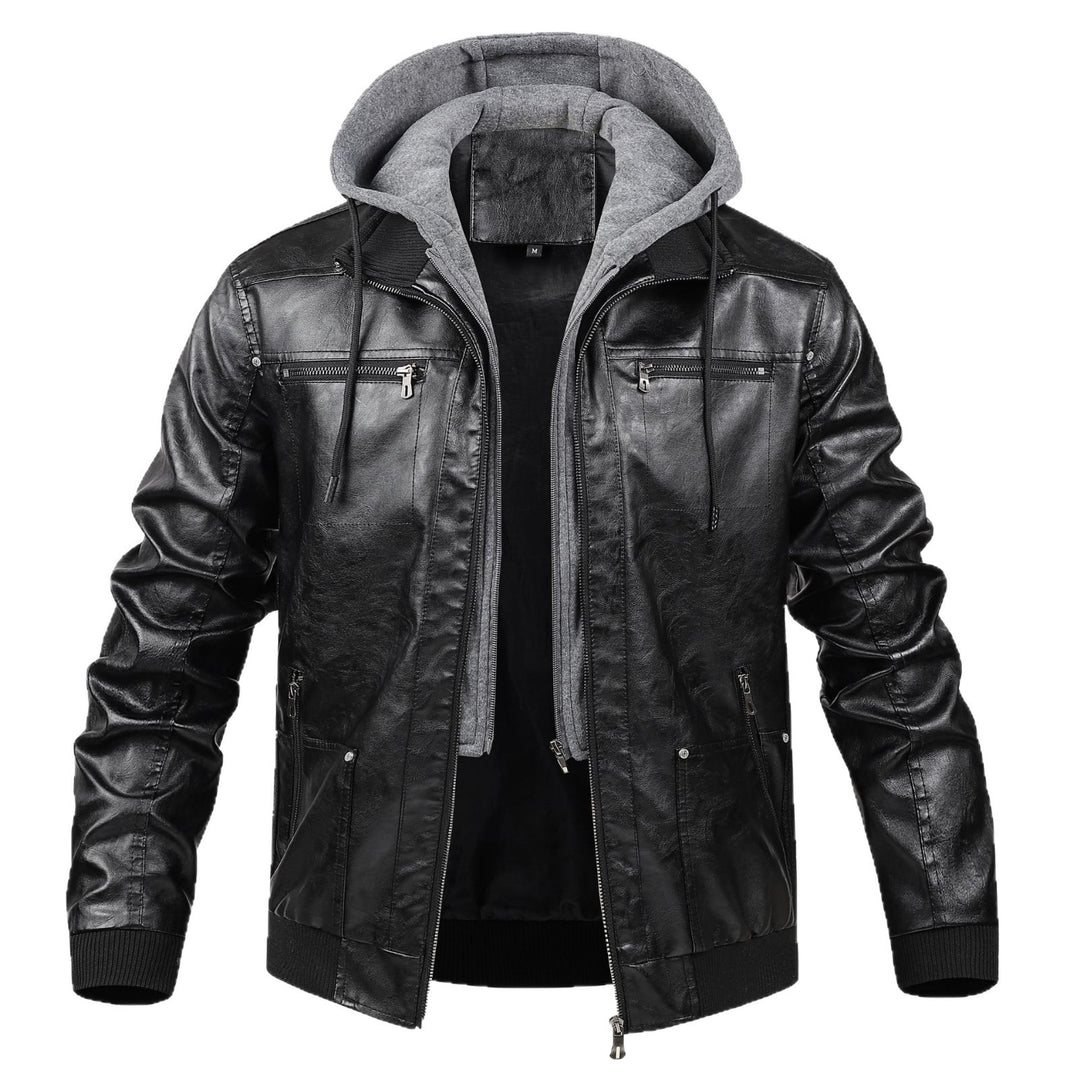 Herren Modische Kunstlederjacke mit abnehmbarer Kapuze Drune