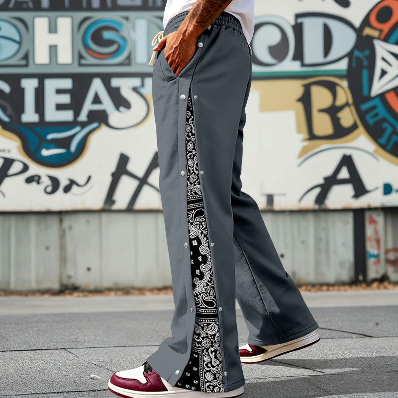 Herren nan weit geschnittene Snap-Front Jogginghose mit Paisley-Seiteneinsatz und elastischem Komfortbund Drune