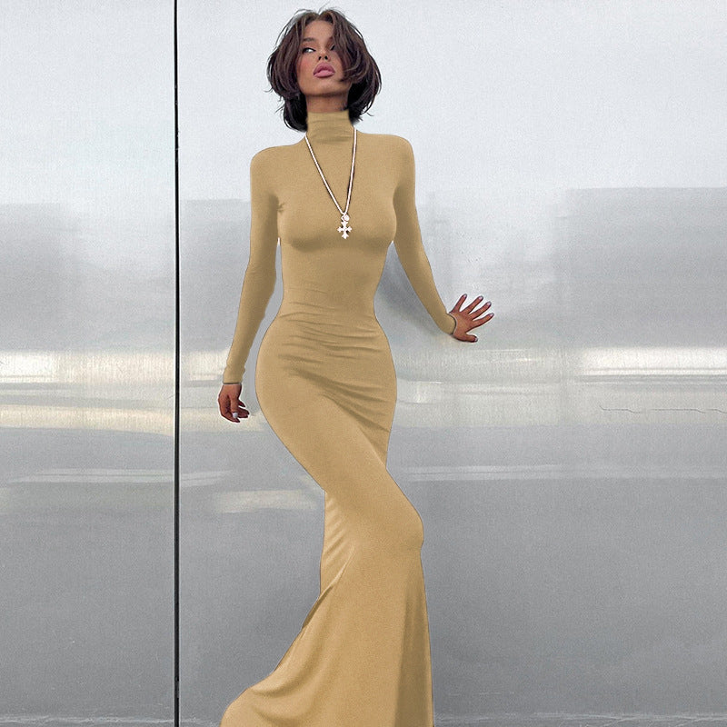 Damen Langarm-Maxikleid mit figurbetontem Schnitt und hohem Kragen Drune