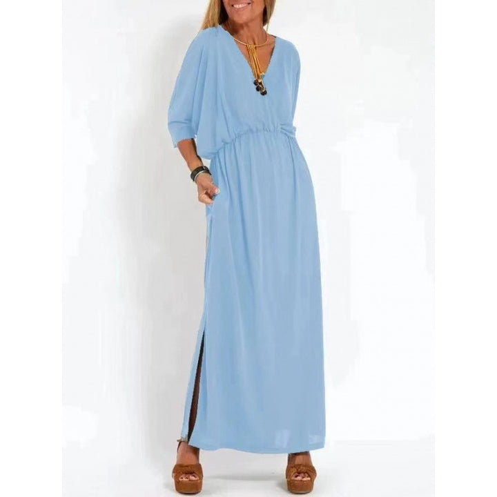 Damen lässiges Maxikleid mit V-Ausschnitt und seitlichen Schlitzen Drune