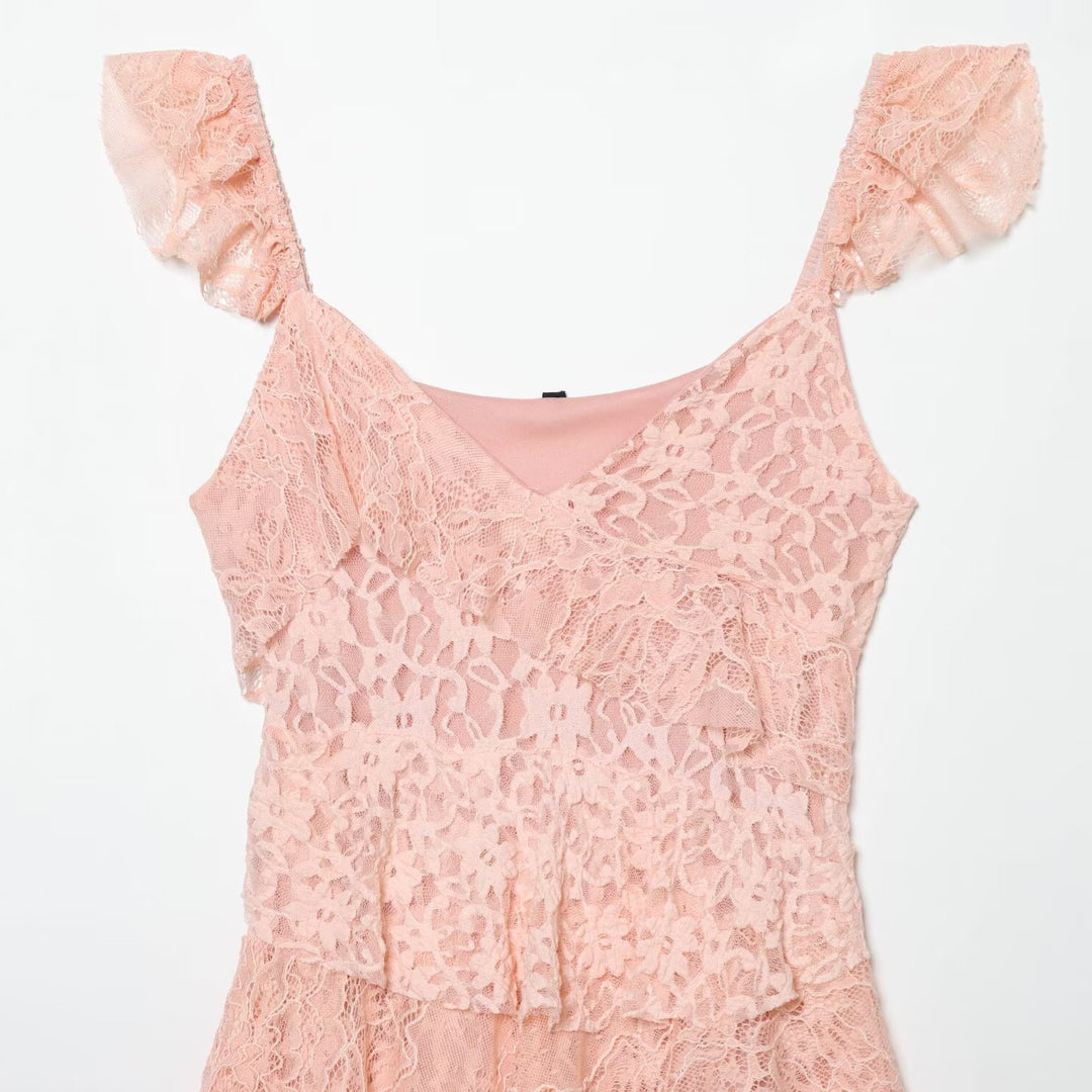 Damen romantisches Spitzenkleid mit Rüschendetails Drune