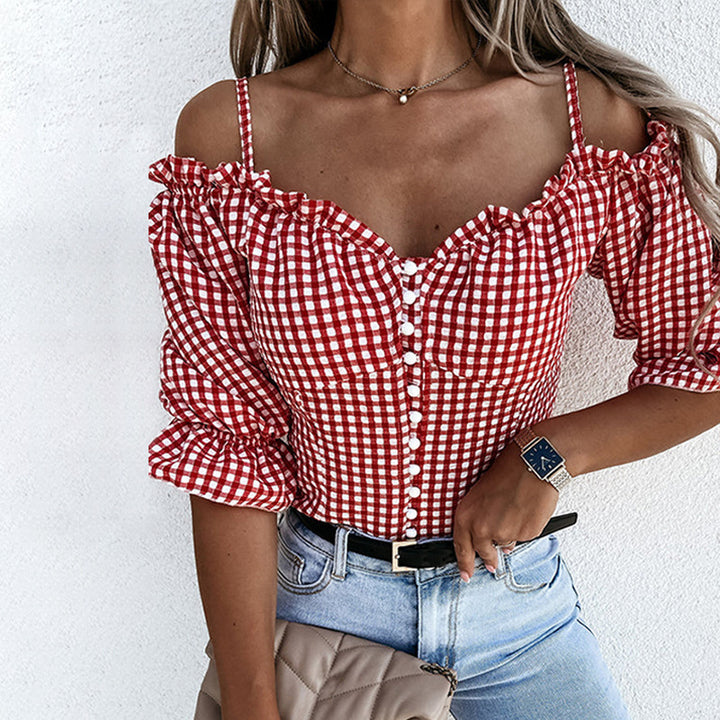 Damen Off-Shoulder Bluse mit Rüschendetails und Karomuster Drune