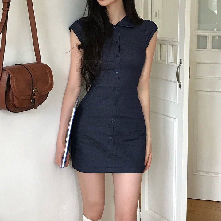 Damen Hemdkleid mit figurbetonter Silhouette und kurzen Ärmeln Drune