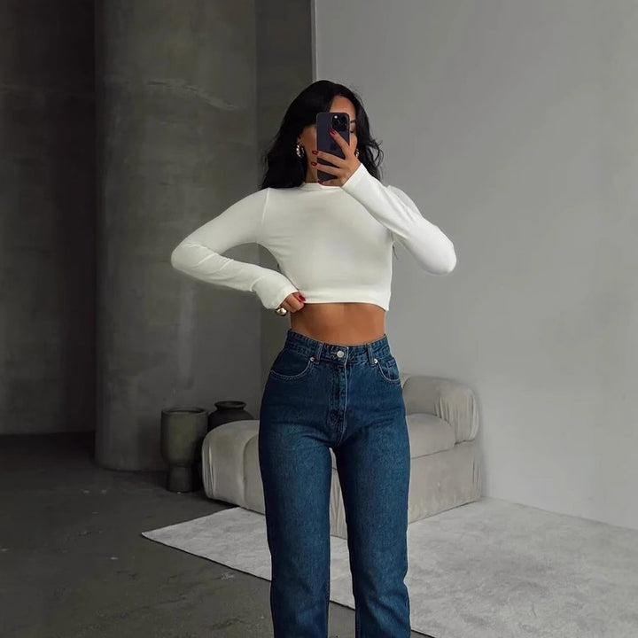 Damen modisches Trocken-Fit Crop-Top mit Stehkragen Drune