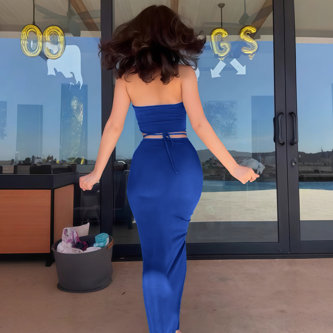 Damen Figurbetontes Maxikleid mit transparenten Einsätzen und Raffung Drune
