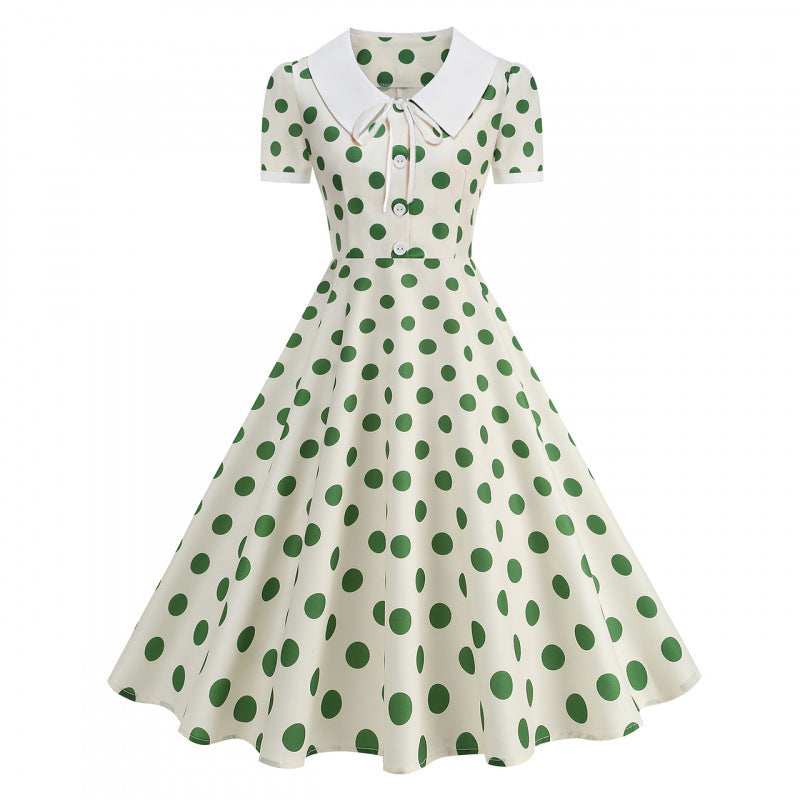 Damen Retro Maxikleid mit Kragen und Punkten Drune