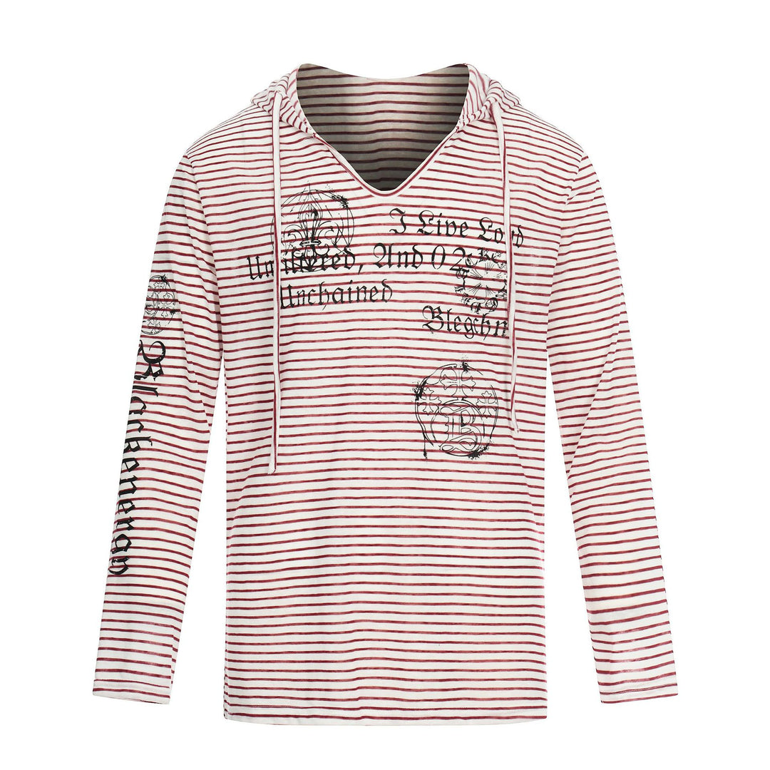 Damen Leichtes Kapuzen-Longsleeve mit V-Ausschnitt, Streifenmuster und Vintage-Print Drune