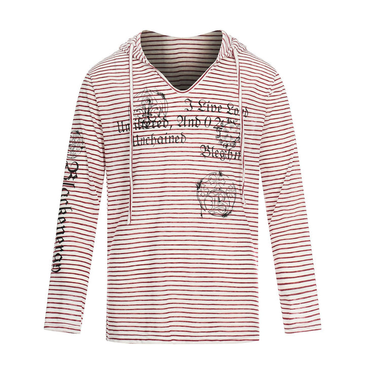 Damen Leichtes Kapuzen-Longsleeve mit V-Ausschnitt, Streifenmuster und Vintage-Print Drune