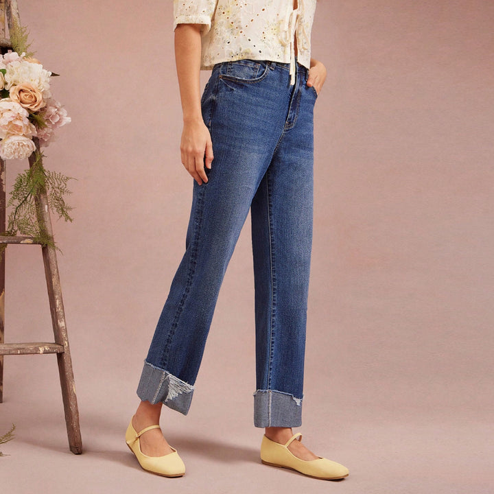 Damen Hochtaillierte Cropped-Jeans mit weitem Bein und ausgefranstem Umschlag Drune