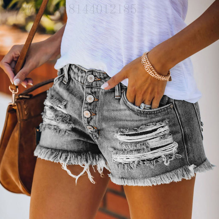 Damen lässige Destroyed Denim-Shorts mit Knopfdetails und fransigem Saum Drune